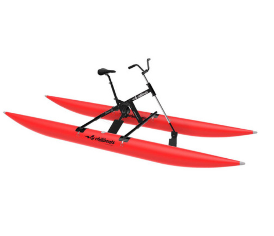 Red single-seat upright ChiliBoats waterbike